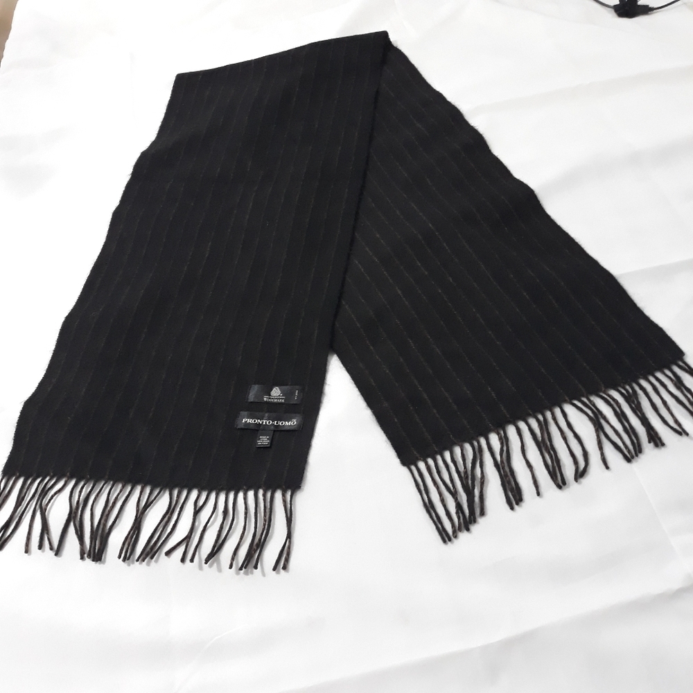 Pronto Uomo 100% Pure New Wool Black Pinstripe Scarf 64" X 12"